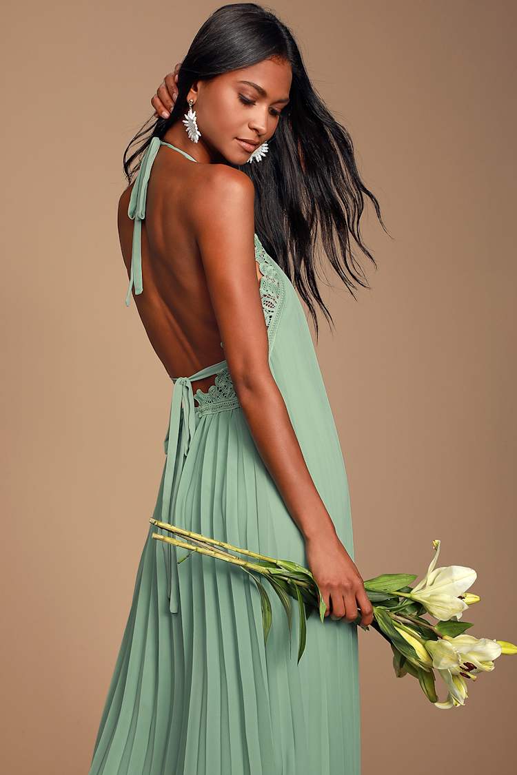 Encinitas Sage Green Lace Pleated Halter Maxi Dress