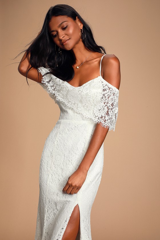 white lace off the shoulder maxi dress