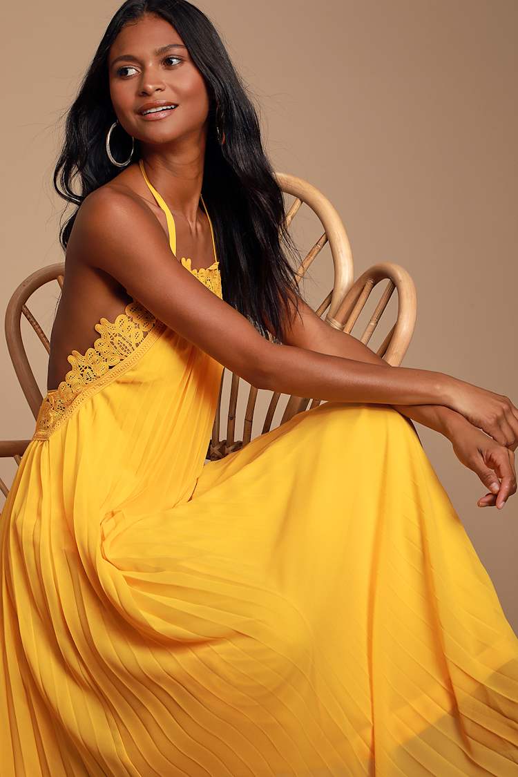 Golden Yellow Dress - Lace Dress - Pleated Dress - Maxi Dress - Lulus