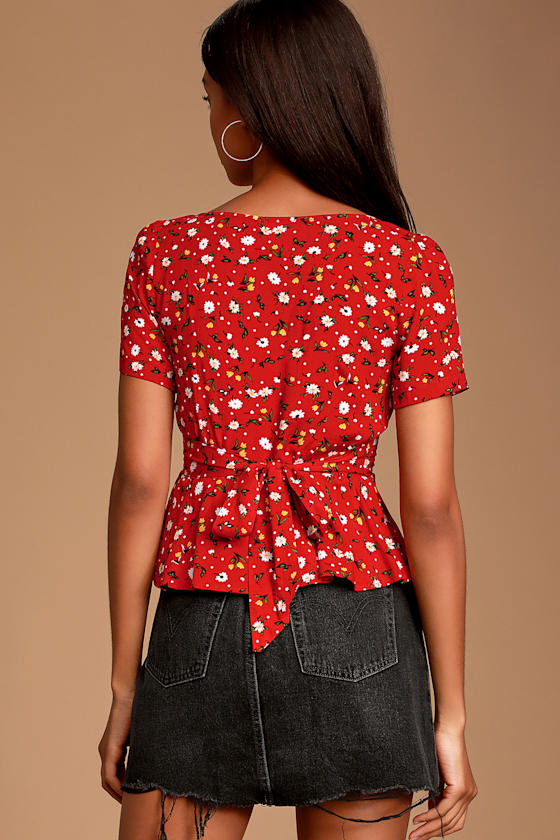 Adelfa Red Floral Print Button Front Peplum Blouse 5