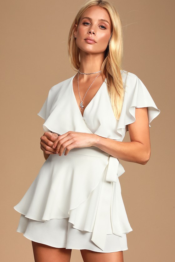 Aldrin White Ruffled Backless Wrap Skort Romper