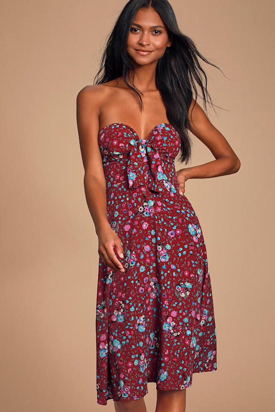 Ava Burgundy Floral Print Strapless Midi Dress 5
