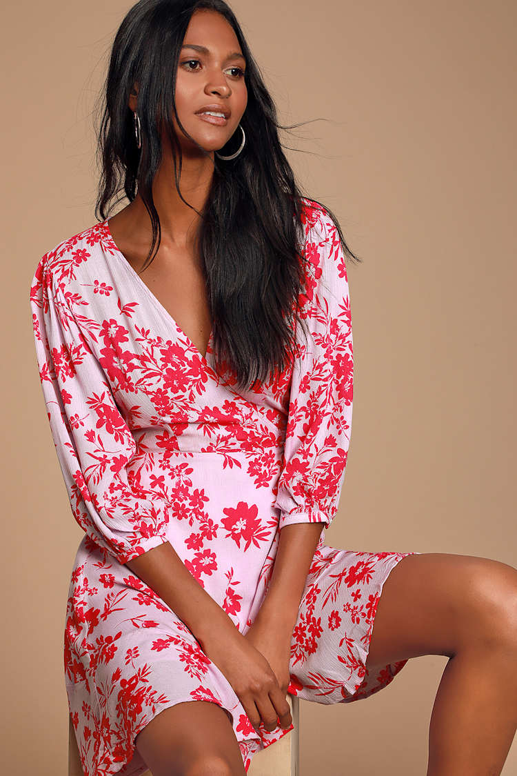 Cute Light Pink Dress - Floral Print Dress - Mini Wrap Dress - Lulus Cute Light Pink Dress - Floral Print Dress - Mini Wrap Dress - Lulus