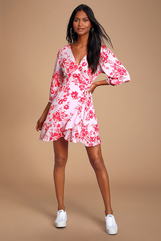 Floral in This Together Light Pink Floral Print Wrap Dress 6