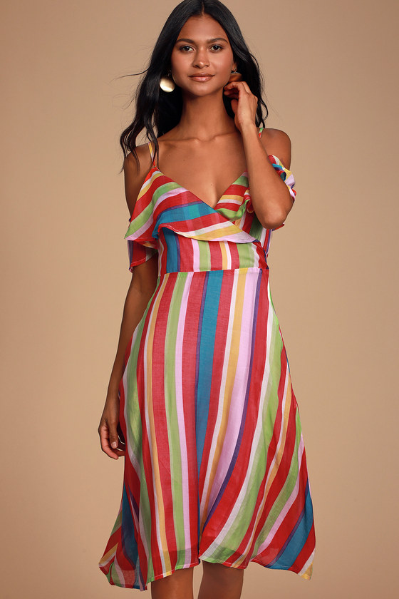 Yacht Rock Red Multi Striped Off-the-Shoulder Midi Dress