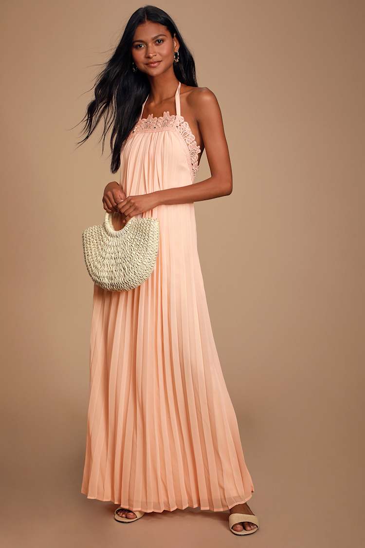 Breezy Peach Dress - Lace Dress - Pleated Dress - Maxi Dress - Lulus