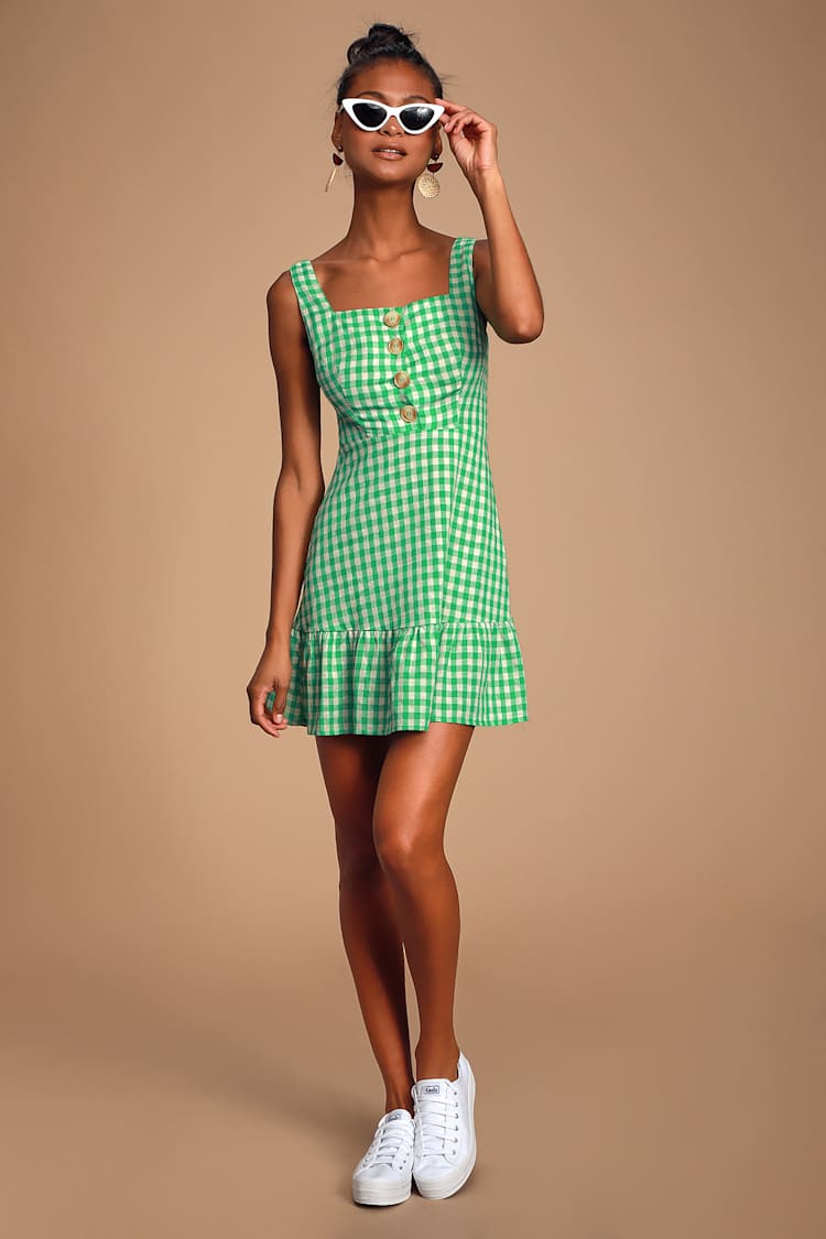 gingham print mini dress Cute Green Dress - Gingham Print Dress - Ruffled Mini Dress