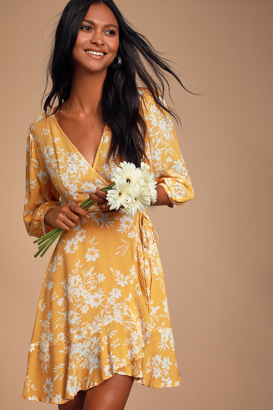 Cute Mustard Yellow Dress - Floral Print Dress - Mini Wrap Dress - Lulus