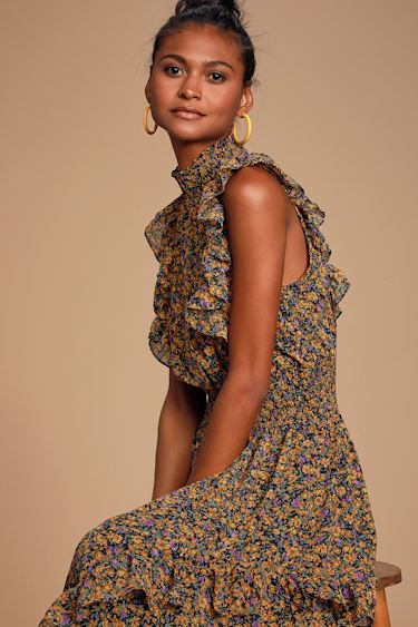 Mustard Yellow Floral Print Dress – Mock Neck Dress – Midi Dress – Lulus