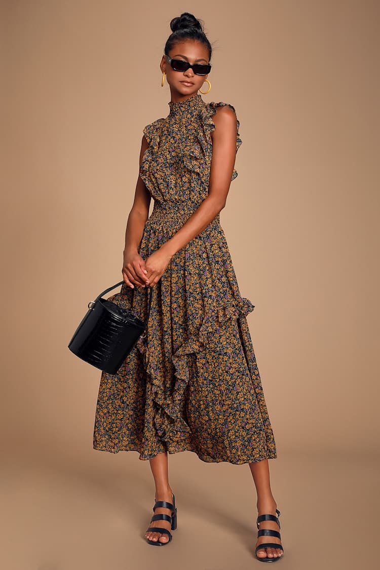Mustard Yellow Floral Print Dress - Mock Neck Dress - Midi Dress - Lulus
