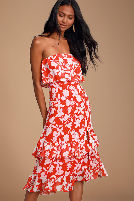 Paradise Is Waiting Red Floral Print Strapless Midi Dress 5