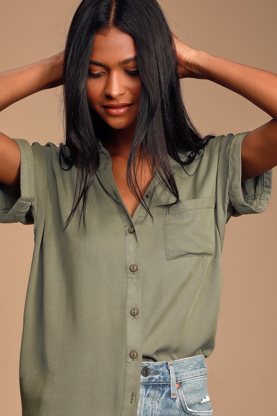 Blythe Olive Green Short Sleeve Button-Up Top