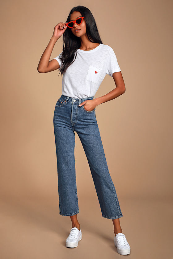 Ribcage Medium Wash Denim High Rise Straight Leg Cropped Jeans 1