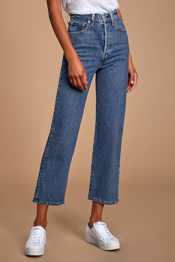Ribcage Medium Wash Denim High Rise Straight Leg Cropped Jeans 3