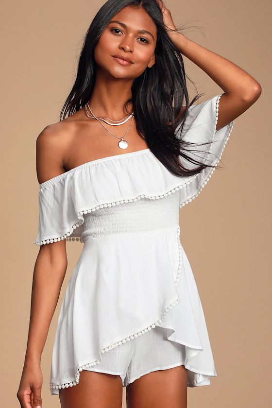 Blissful White Off-the-Shoulder Smocked Romper 1