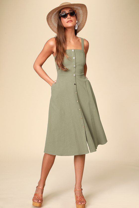 Olive Green Dress - Cotton Midi Dress - Button Front Midi Dress - Lulus