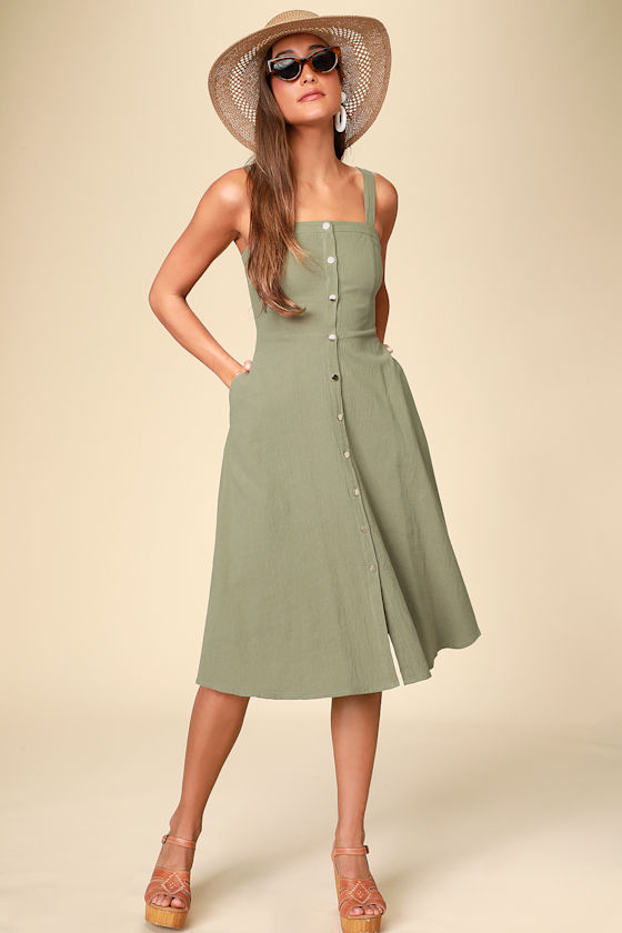 Pippie Olive Green Button Front Sleeveless Midi Dress 6