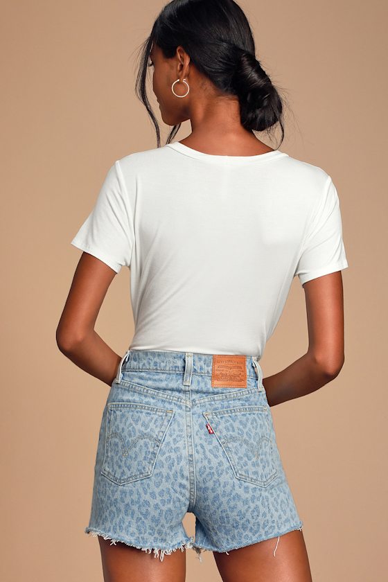 Ribcage Light Wash Leopard Print Denim High-Rise Cut-Off Shorts 4
