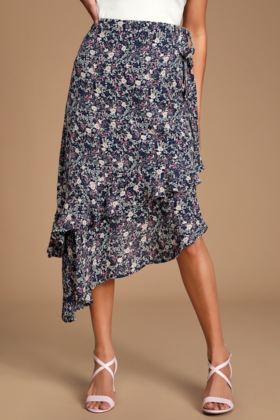 Cararra Navy Blue Floral Print Ruffled Asymmetrical Midi Skirt 2