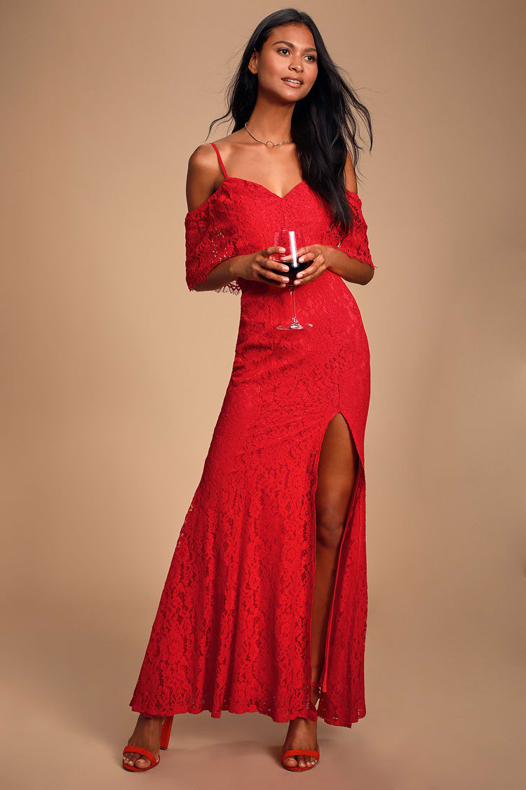 Caterina Red Lace Off-the-Shoulder Maxi Dress