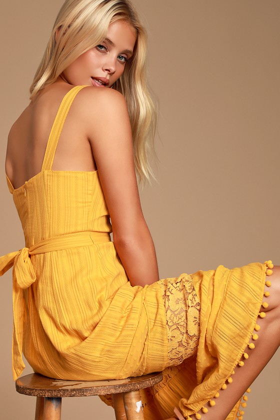 Cute Mustard Yellow Dress - Lace Midi Dress - Pom Pom Midi Dress - Lulus