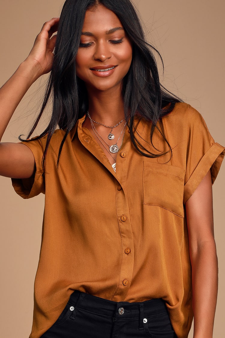 Classic Rust Brown Top - Button-Up Top - Short Sleeve Top - Top Lulus