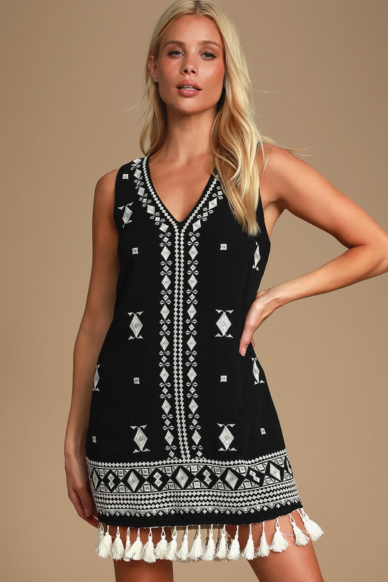 Oriana Black Embroidered Tasseled Shift Dress