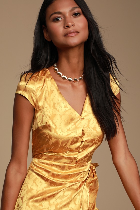 mustard satin wrap dress