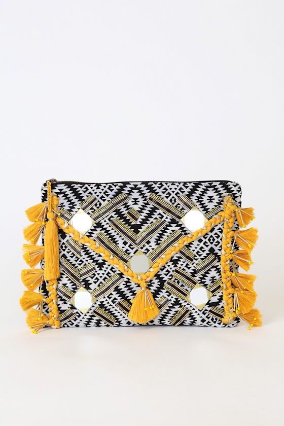Boho Mustard Yellow Clutch Mirrored Clutch Beaded Clutch Lulus