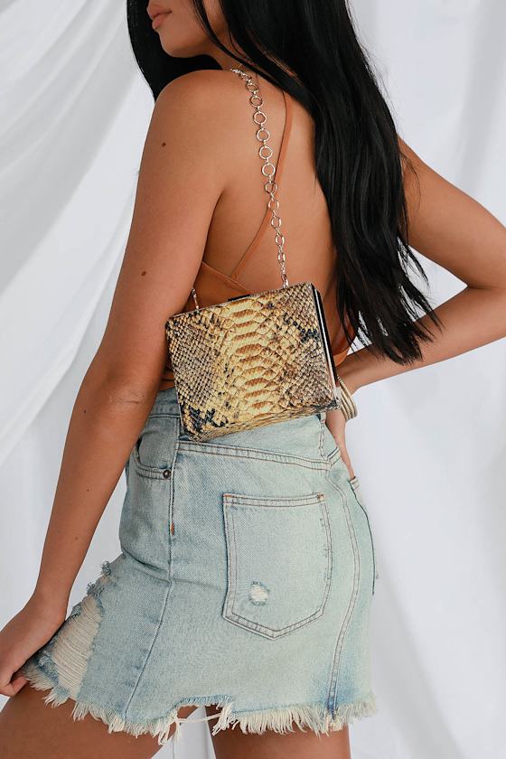 Juliana Mustard Yellow Snake Print Box Clutch 1