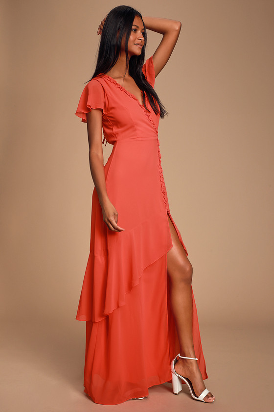 Pour the Champagne Coral Red Ruffled Backless Maxi Dress