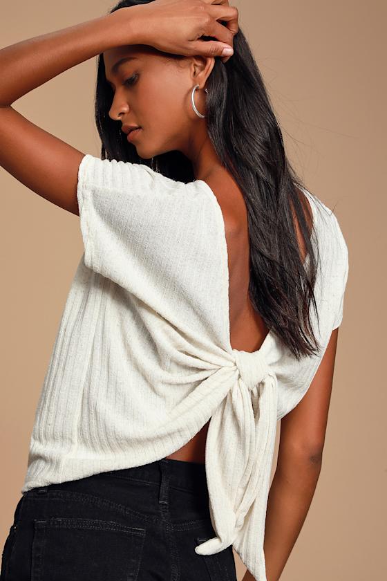 Jayde Cream Ribbed Knit Tie-Back Top 6