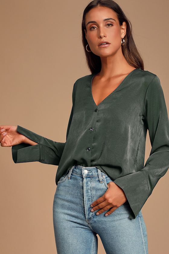 Adilene Dark Olive Green Long Sleeve Button-Up Top 3