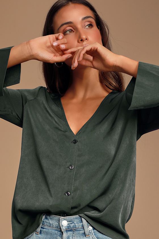 Adilene Dark Olive Green Long Sleeve Button-Up Top 4