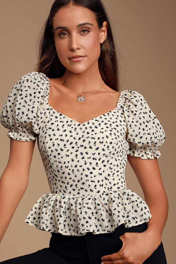 Cute Cream Polka Dot Top Peplum Top Ruffled Short Sleeve Top Lulus