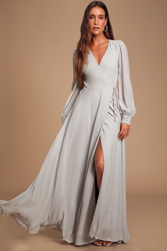 Glam Light Grey Dress - Wrap Maxi Dress ...