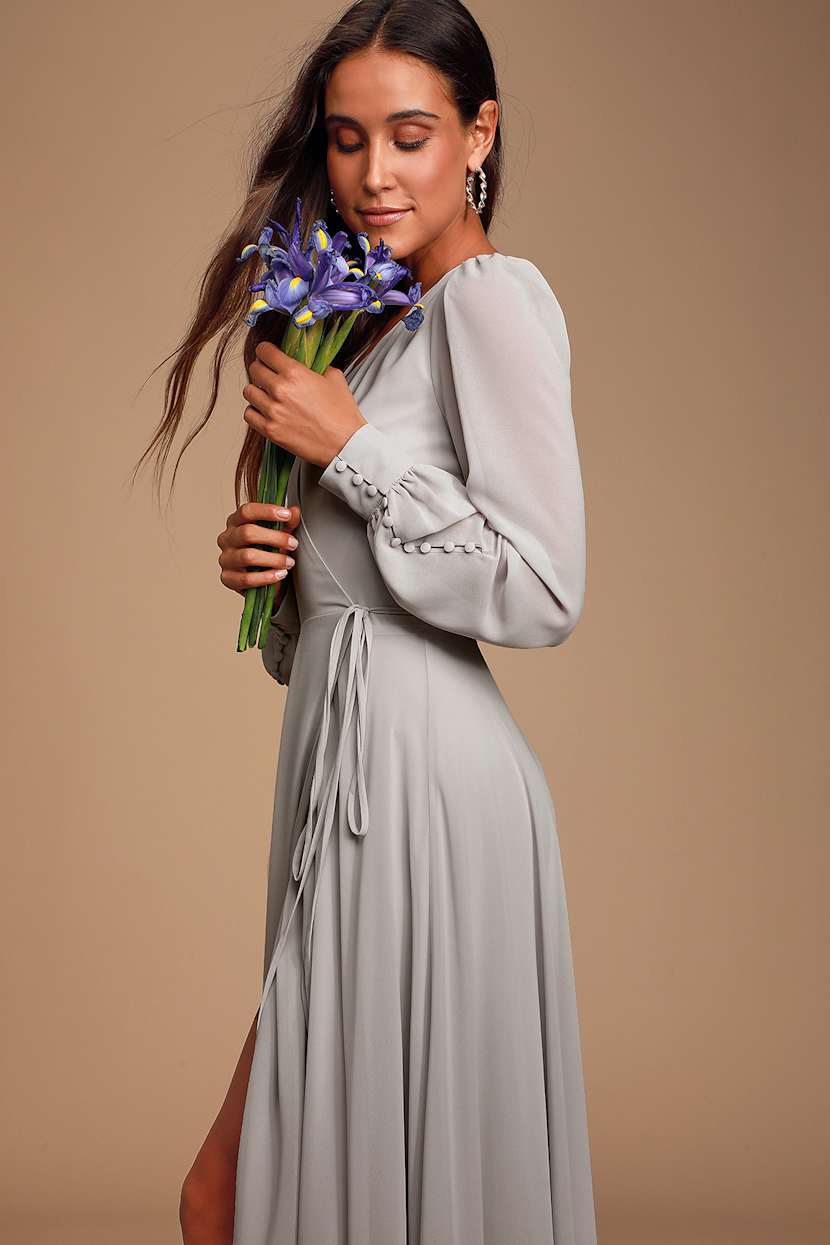 My Whole Heart Light Grey Long Sleeve Wrap Maxi Dress