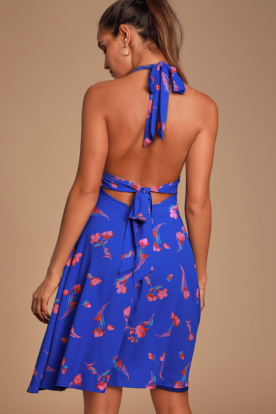 Cute Halter Dress - Royal Blue Halter Dress - Floral Print Dress - Lulus