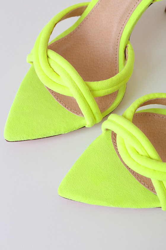 Cute Neon Yellow Suede Heels PointedToe Heels LaceUp Heels