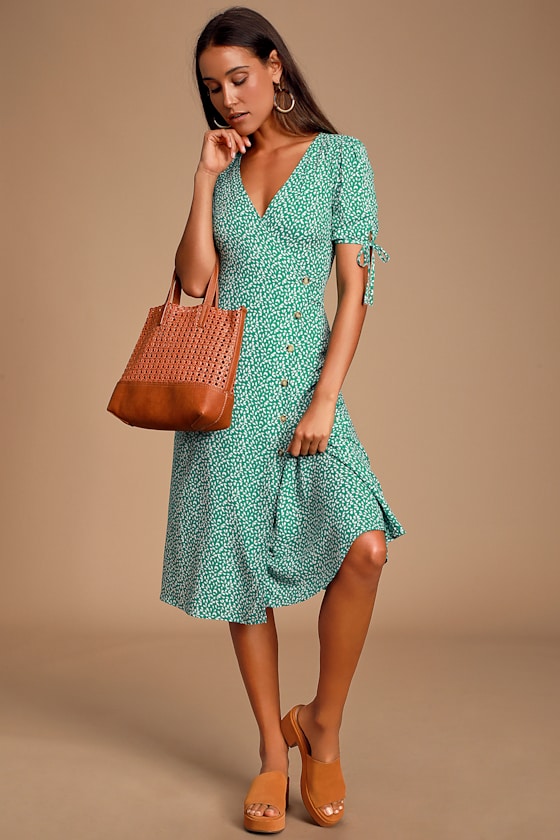 Paria Green Leaf Print Button-Up Short Sleeve Midi Dress 2