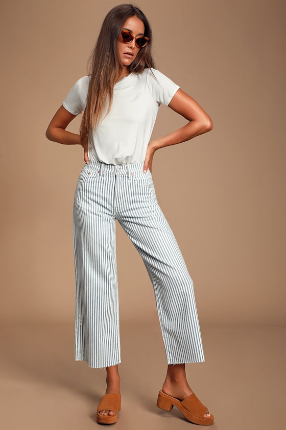 Devon Blue and White Striped Wide-Leg Cropped Jeans 1