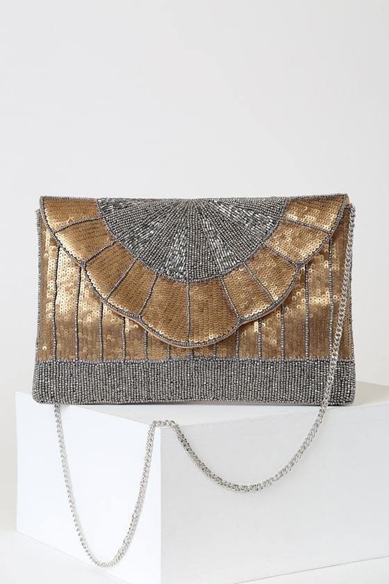 Glam Goddess Gold and Gunmetal Beaded Sequin Clutch 1