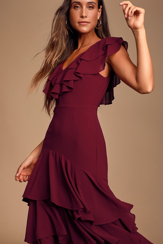 maroon ruffle dress