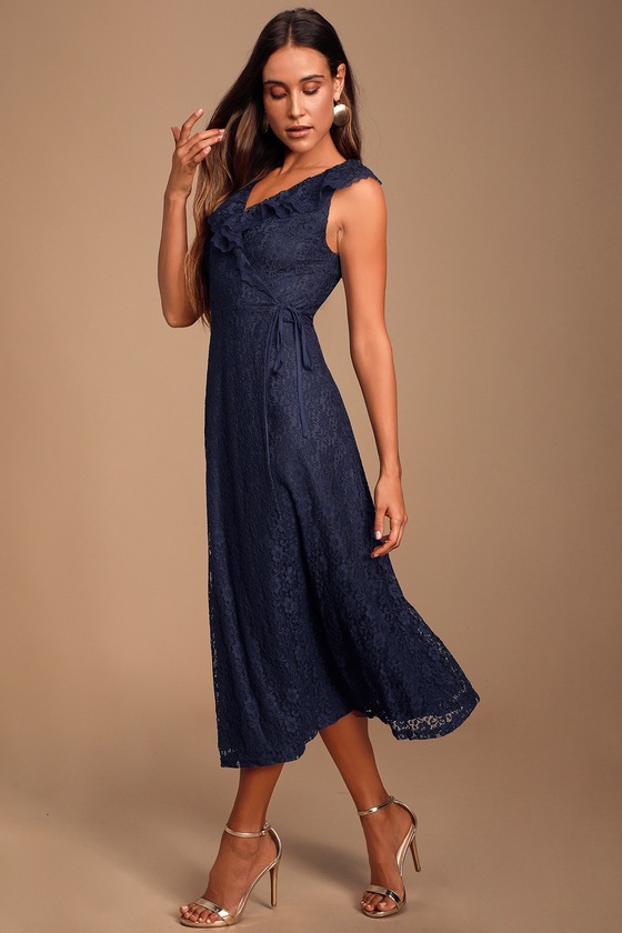 Cute Navy Blue Dress - Lace Dress - Midi Wrap Dress - Lulus