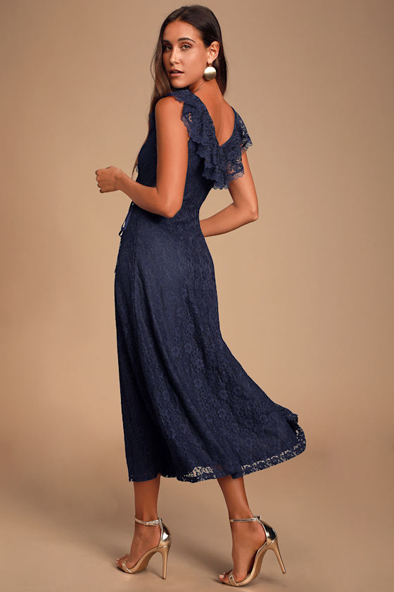 Effortless Elegance Navy Blue Lace Midi Wrap Dress 6