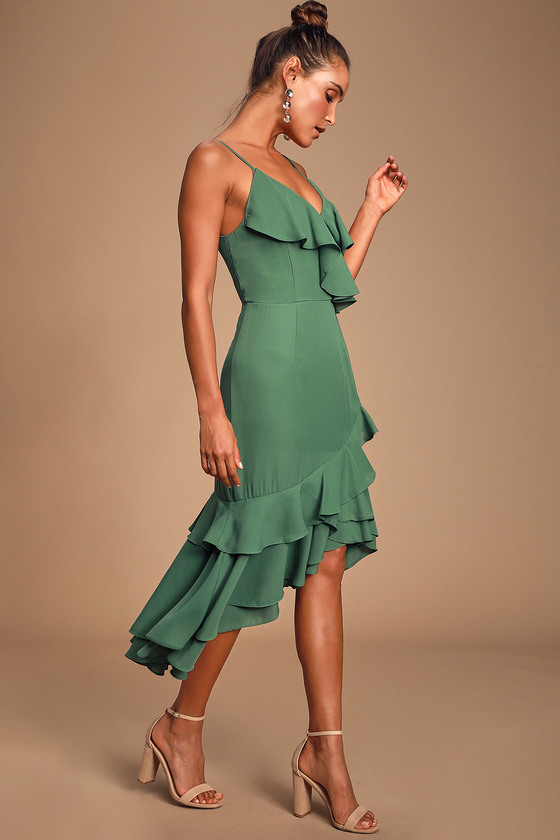 Dreamer s Dream Sage Green Ruffled High Low Dress