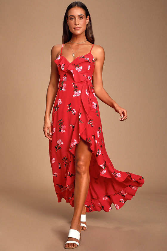 Red Floral Print Dress - Wrap Dress - Maxi Dress - Ruffled Dress - Lulus