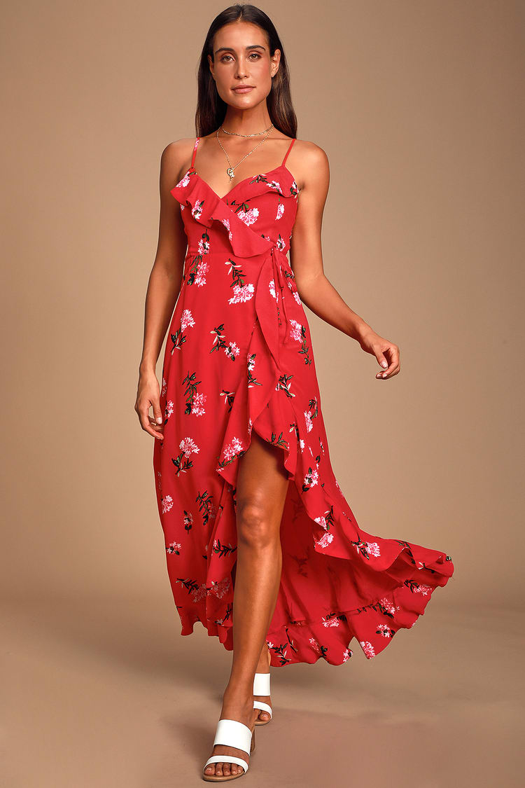 Rosana Red Floral Print Ruffled Wrap Maxi Dress