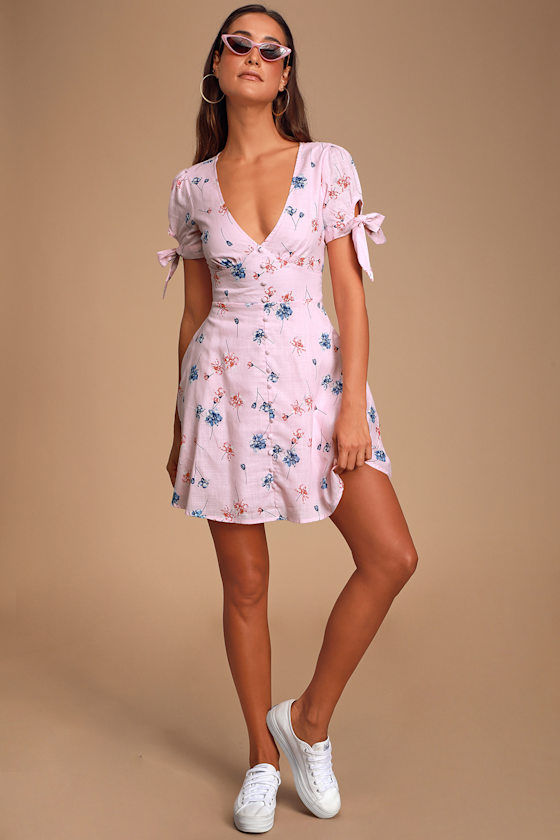 Lilly Light Pink Floral Print Tie-Sleeve Mini Dress 6
