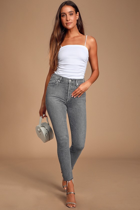high rise gray jeans